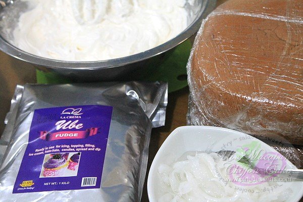 ube chiffon cake, whipped cream, ube filling and macapuno